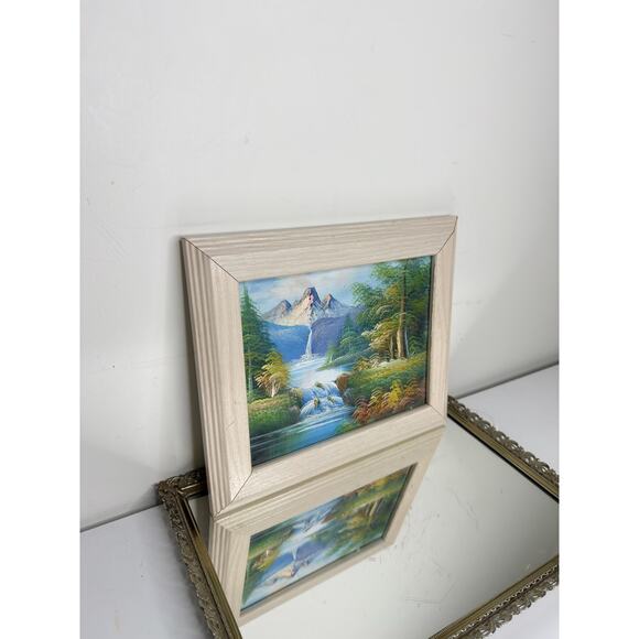 Vintage Wood framed oil painting on canvas with mountains, water falls, - Picture 2 of 9